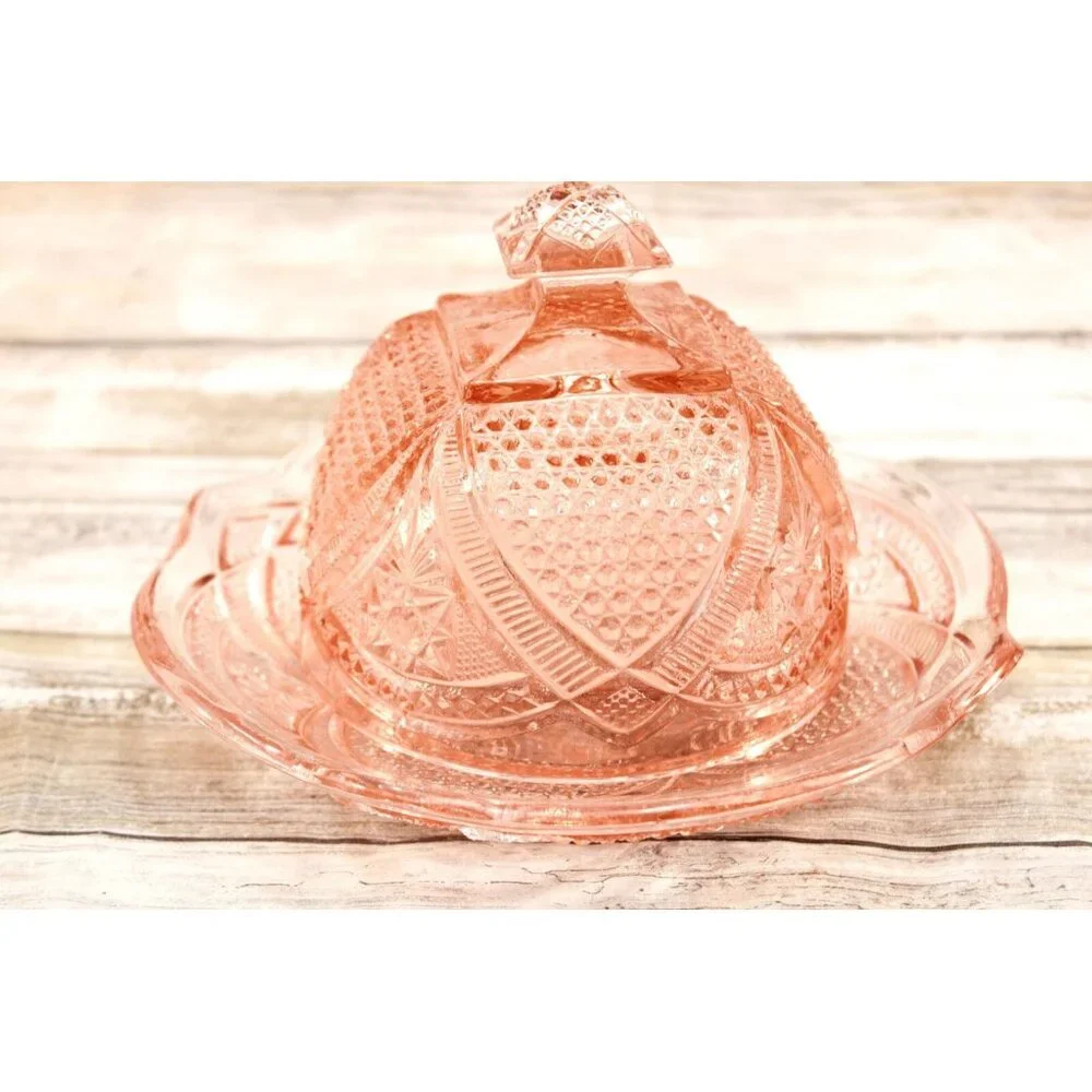 Vintage EAPG Massachusetts Pattern,‎ Pink Depression Glass, Butter Dish